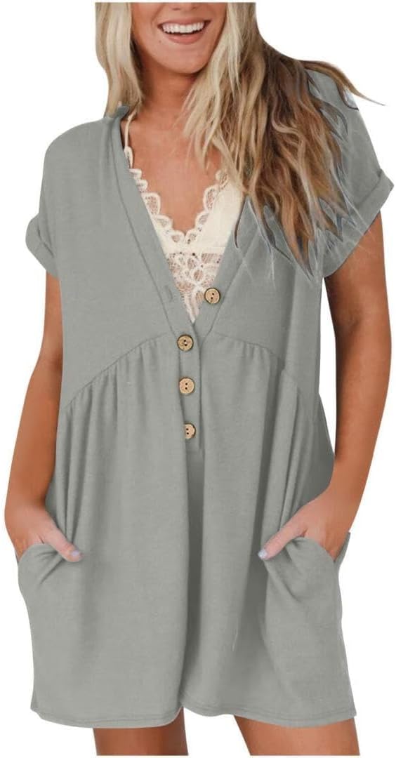 Womens 2025 Summer Short Sleeve Romper Casual V Neck Wide Leg Short Jumpsuit Button Rompers Outfit With Pockets