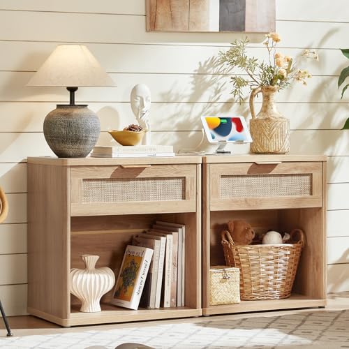 Image of LEYAOYAO Rattan Nightstand with Charging Station, Natural Wood Night Stand with Drawer, 23 inch Wide Boho Bedside Table with Storage Shelf, Bed Side End Tables for Bedroom, Living Room, Hallway