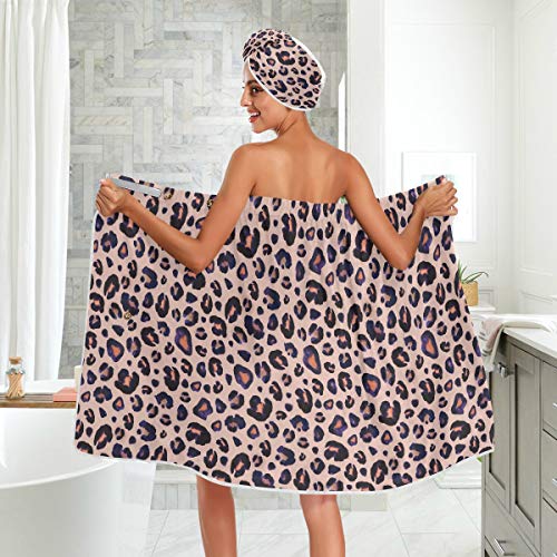 Staytop 3Pcs Wrap Bath Towels Set For Women, Fashion Leopard Animal Print Double Adjustable Closing Quick Dry Hair Cap Bath Towel For Spa, Shower, Bathtub, Gym #TOP4