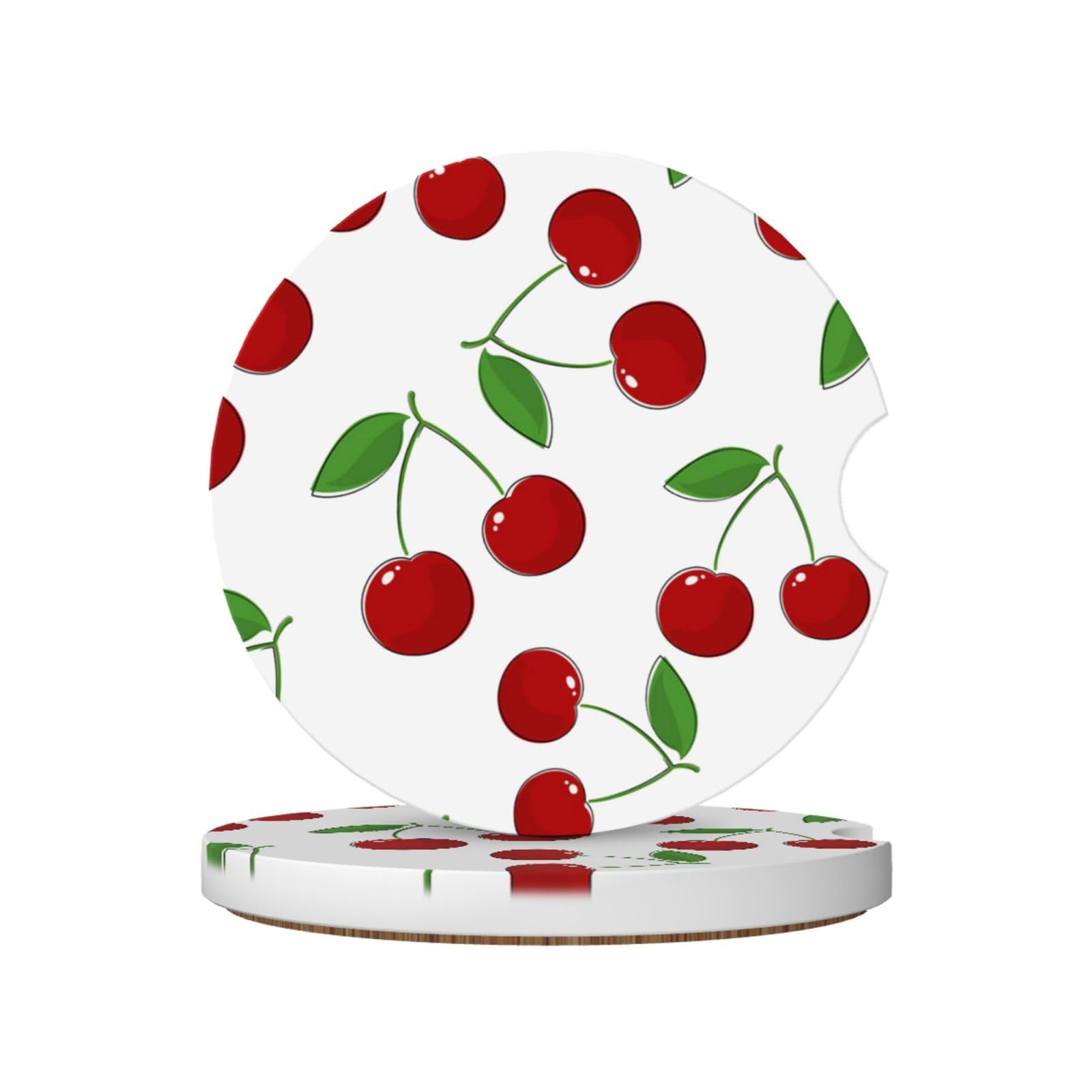 Sweet Cherry Pattern, Car Cup Holder Coasters 2 Pack, Absorbent Ceramic Car Coasters with Non Slip Cork Base