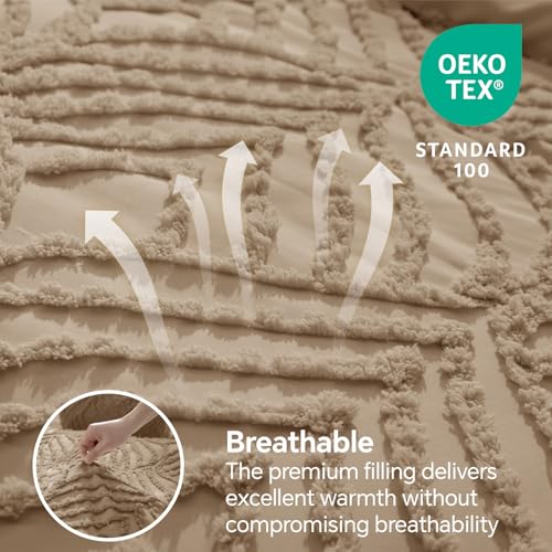 Image of BEDELITE Boho Comforter Set Queen - Tufted Boho Bedding Set, Khaki | Soft & Lightweight Comforter for All Seasons, Jacquard Farmhouse Bedding with 2 Pillowcases