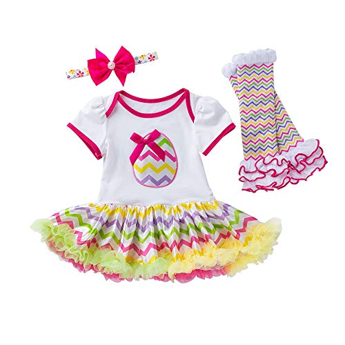 Rejolly My First Easter Romper Outfits Set Baby Girls 3PCS Easter Egg Printed Jumpsuit Tutu Dress with Headband Leg Warmers for Infant and Toddlers 3-6 Months Red
