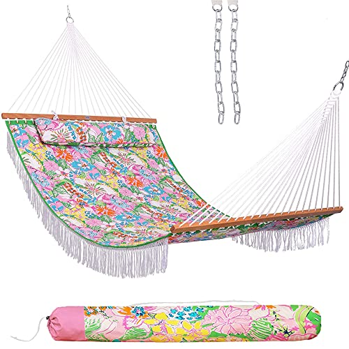 Lazy Daze Hammocks 12 FT Double Quilted Fabric Hammock with Extra Large Soft Pillow and Carrying Bag, 2 Person Outdoor Hammock with Spread Bar and Elegant Tassels, Heavy Duty 450 lbs Capacity, Floral