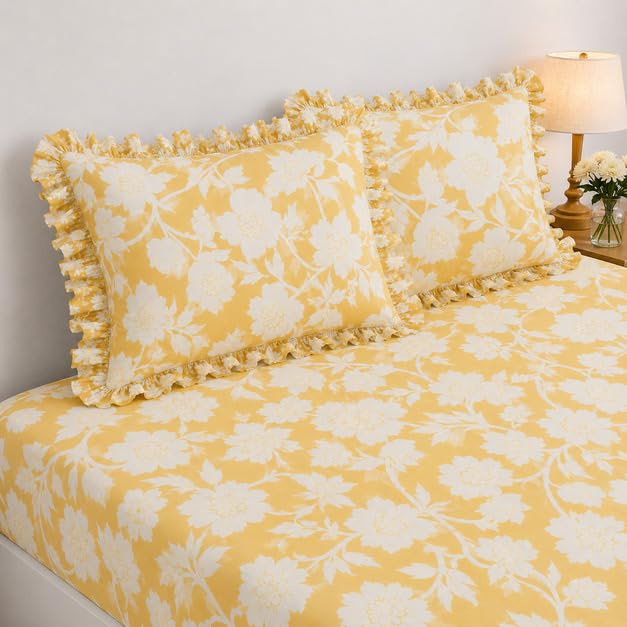 Image of 380 TC Premium Glace Cotton Elastic Fitted Bedsheet King Size with 2 Pillow Covers King Size | Double Bed with All Around Elastic (Yellow Floral, Fitted - 72 inchx78 inch King)
