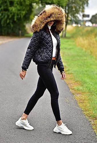Aofur Womens Ladies Quilted Winter Coat Fur Collar Hooded Down Jacket Parka Outerwear(Large,Black Chic)