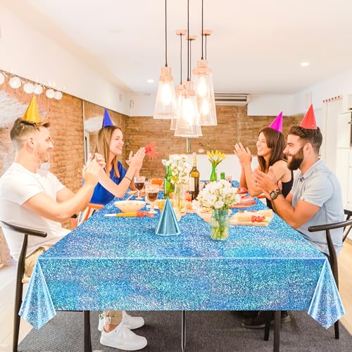 Image of Just Shimmer 4 Pack Pink and Blue Holographic Tablecloths, 2 Pink and 2 Blue, 40 x 108 Iridescent Rectangle Table Covers for Gender Reveal, Baby Shower, Birthday and Mermaid Ocean Party Decorations