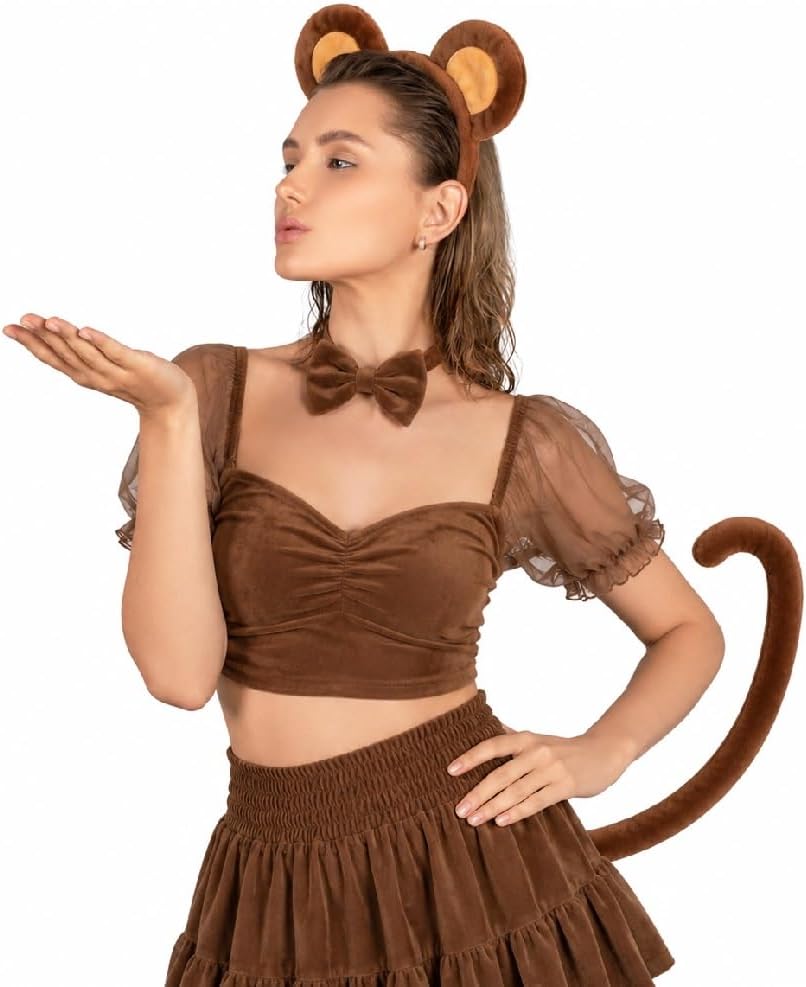 DaliDali Monkey costume monkey ears headband with tail and bow tie monkey ears costume for adult women 15+