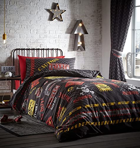 Kids' Club Bedding Toxic Caution Glow in The Dark Reversible Duvet Cover Set Bedding Range Multi Curtains: 66" Width x 54" Drop