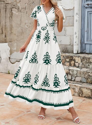 Image of PRETTYGARDEN Womens 2026 Summer Casual V Neck Boho Maxi Dress Flowy Aline Bell Sleeve Tiered Floral Dresses with Pocket