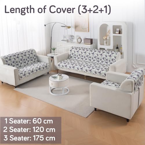 Image of HOKIPO Lavender Vine Quilted Sofa Cover 6 Seater with Tassels Set - Washable 3+2+1 Sofa Panel for Seat & Back | 'Tassel Twigs' Series (IN-991-T1 + IN-990-T1 + IN-989-T1)