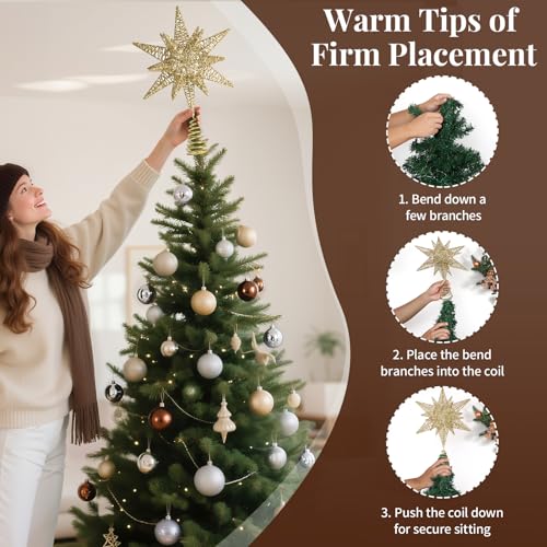 Lewondr Christmas Star Tree Topper, USB Powered Remote Controlled 11 Inch Multilayer Hexagonal Tree Toppers Christmas Decor with 8 Light Modes for Home Holiday Xmas, Timer Function, Champagne Gold by Lewondr - Image 4
