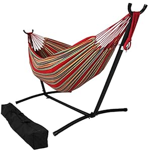 Sunnydaze Double Brazilian Hammock with Stand and Carrying Case – 400-Pound Capacity – Black Stand – Sunset