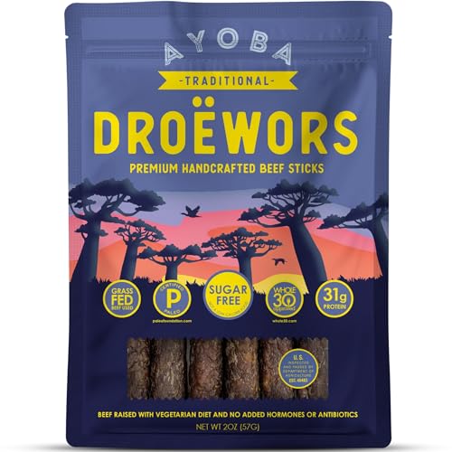 Ayoba Traditional Droewors Grass Fed Beef Paleo Sticks (2 Ounce, Pack of 8) - Keto Friendly, Air-Dried Beef Protein Snacks - Low Carb, Gluten Free, Nitrate Free, No Sugar, Meat Snacks