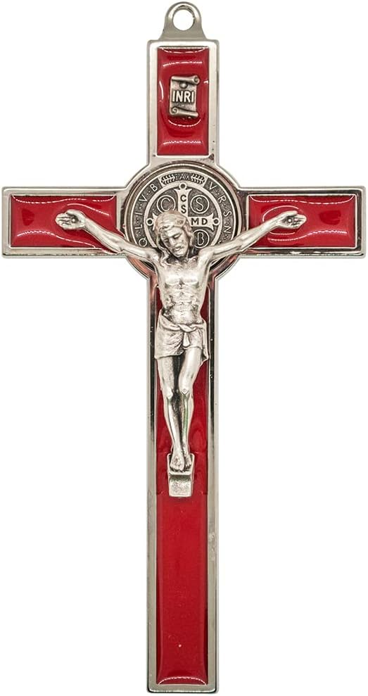 Saint Benedict Medal Crucifix | Ready to Hang on Wall | Patron Saint of Students and Europe | Great Catholic Gift for Baptism, First Holy Communion, and Confirmation | Christian Home Décor (Blue)