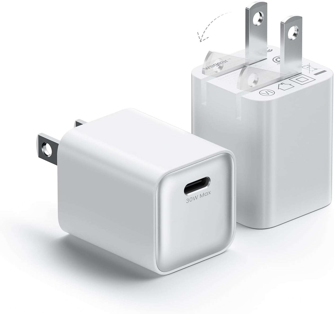 wegear 30W USB C Charger Block, Compact Wall Charger with GaN III Tech, PD3.0 PPS QC4.0 Fast Foldable Charger for iPhone 16 15, Galaxy, Pixel, iPad, AirPods,MacBook Air,ETL Certified (2 Pack)