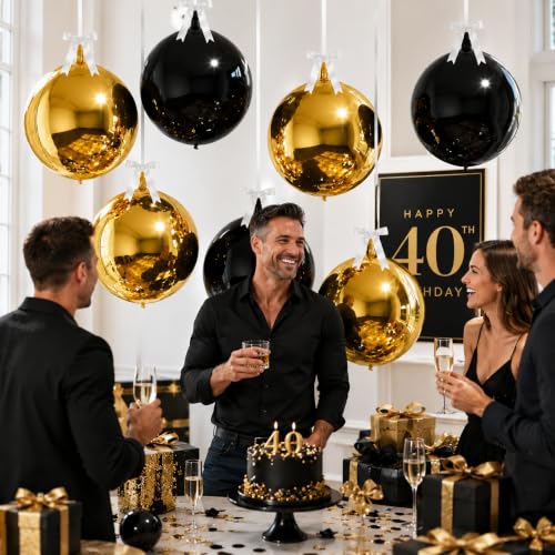 Image of 8 Pcs Black Gold Round Foil Balloons 22 Inch Metallic Gloden Black 4D Ball Balloons Ornament Mylar Balloon Chrome for Birthday Graduation Wedding Anniversary Prom New Year Disco Party Decor