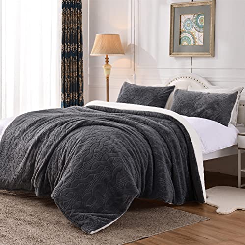 VIELIT Luxury Faux Fur Duvet Cover Set King Size 3 Pieces, Thick and Fluffy Microfiber, Soft and Plush Velvet Bedding Set Comforter Cover (104 x 90, Grey) …