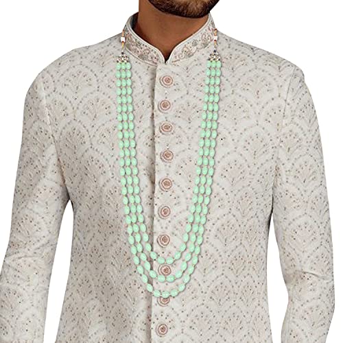Image of I Jewels 3 Layered Traditional Gold Plated Dulha Green Moti Mala with Beaded Maharaja Haar /Groom Necklace For Men(MLP46)