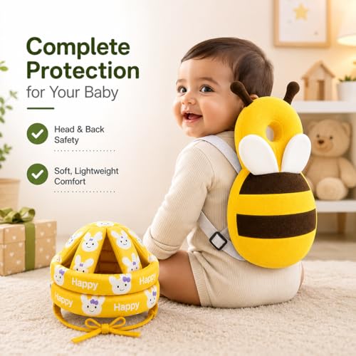 Image of GLUN Baby Back Protector with Head Protective Hat Combo Set, Cute Honey Bee Shape Soft Cushioning, Adjustable Shoulder Belt, Head Protection Gear for 6-18 Month Toddler Kids