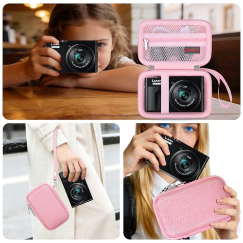 Image of Elonbo Camera Case for Panasonic LUMIX ZS99 / TZ99 / ZS80 / ZS70 / ZS300 / ZS200 / ZS100 / LX10 Point and Shoot Camera. Panasonic LUMIX Digital Camera Carrying Case. with Mesh Pocket fits Battery, Pink