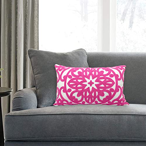 Alysheer Embroidered Lumbar Decorative Throw Pillow Cover 12"X 20", Classic Boho Mandala Embroidery Pattern Cotton Rectangular Cushion Case For Sofa Couch Living Room Bedroom(Bright Hot Pink) #TOP1