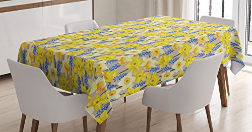 Ambesonne Daffodils Tablecloth, Floral Theme with Daffodil and Muscari Blossoms Stems Branches Classic Flourish, Dining Room Kitchen Rectangular Table Cover, 60