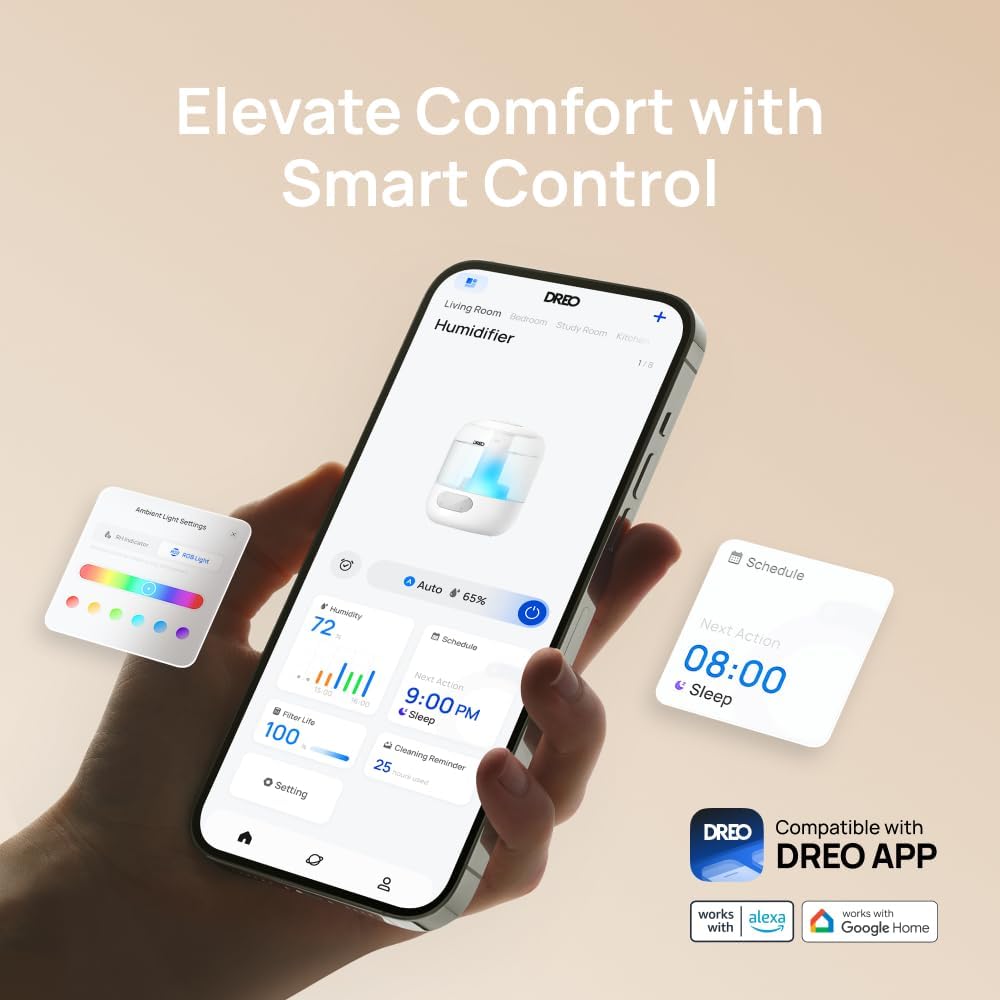 Dreo app interface on a smartphone, showing smart control features for the humidifier including ambient light settings and scheduling.