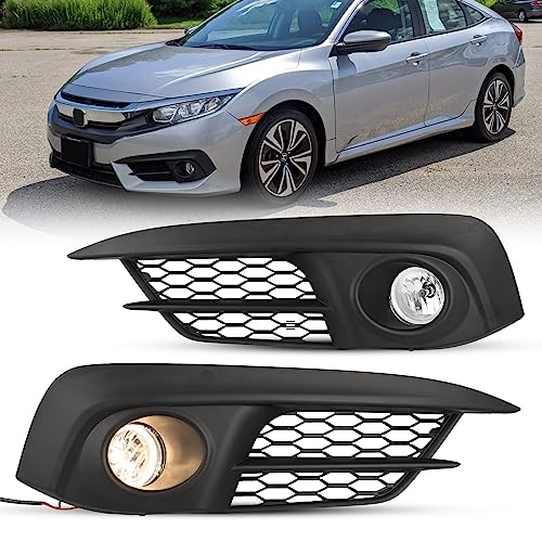 AUTOFREE Fog Lights for Honda Civic 2016 2017 2018 with H8 12V35W Bulbs Fog Lamps Assembly Replacement Included Wiring Harness Kit & Switch -1 Pair (Clear Glass Lens)