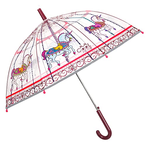 PERLETTI Paraguas Transparente Automático Niña con Carrusel - Paraguas Cúpula Niñas Colorado Auto - Paraguas Chicas 4 5 6 Años con Caballos Detalles Reflectantes - POE - Diámetro 74 cm (Carrusel)