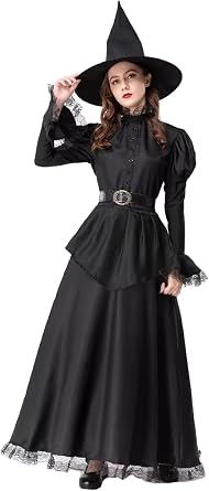 GRAJTCIN Womens Wicked Witch Costume, 4 Pieces Halloween Deluxe Witchy Dress Black