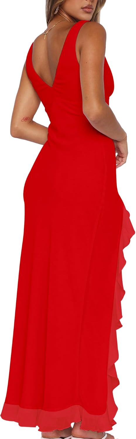 Mokoru Women's Sexy Bodycon V Neck Sleeveless Ruffle Hem High Slit Cocktail Party Maxi Dresses - Image 2