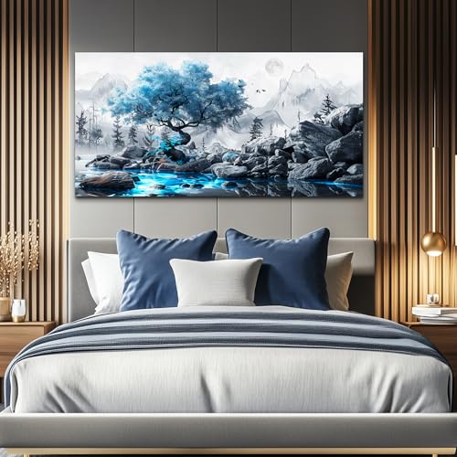 FUHAIHUA Large Wall Decor For Living Room Canvas Wall Art For Bedroom Office Decor Black And White Wall Pictures Artwork Blue Tree Landscape Painting Ready To Hang Hotel Room Home Decoration 24x48