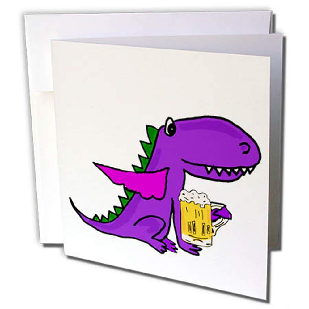 3dRose gc_275763_2 6 x 6-Inch "Cool Humorous Purple Dragon Drinking Beer Cartoon" Greeting Card (Set of 12)