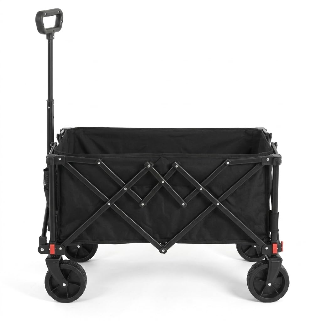 Faltbarer Bollerwagen mit All-Terrain-Rädern, Schwerlast Gartenwagen aus Stahlrahmen mit Verstellbarem Griff, Outdoor Transportwagen für Camping Einkaufen Sport Angeln, Schwarz