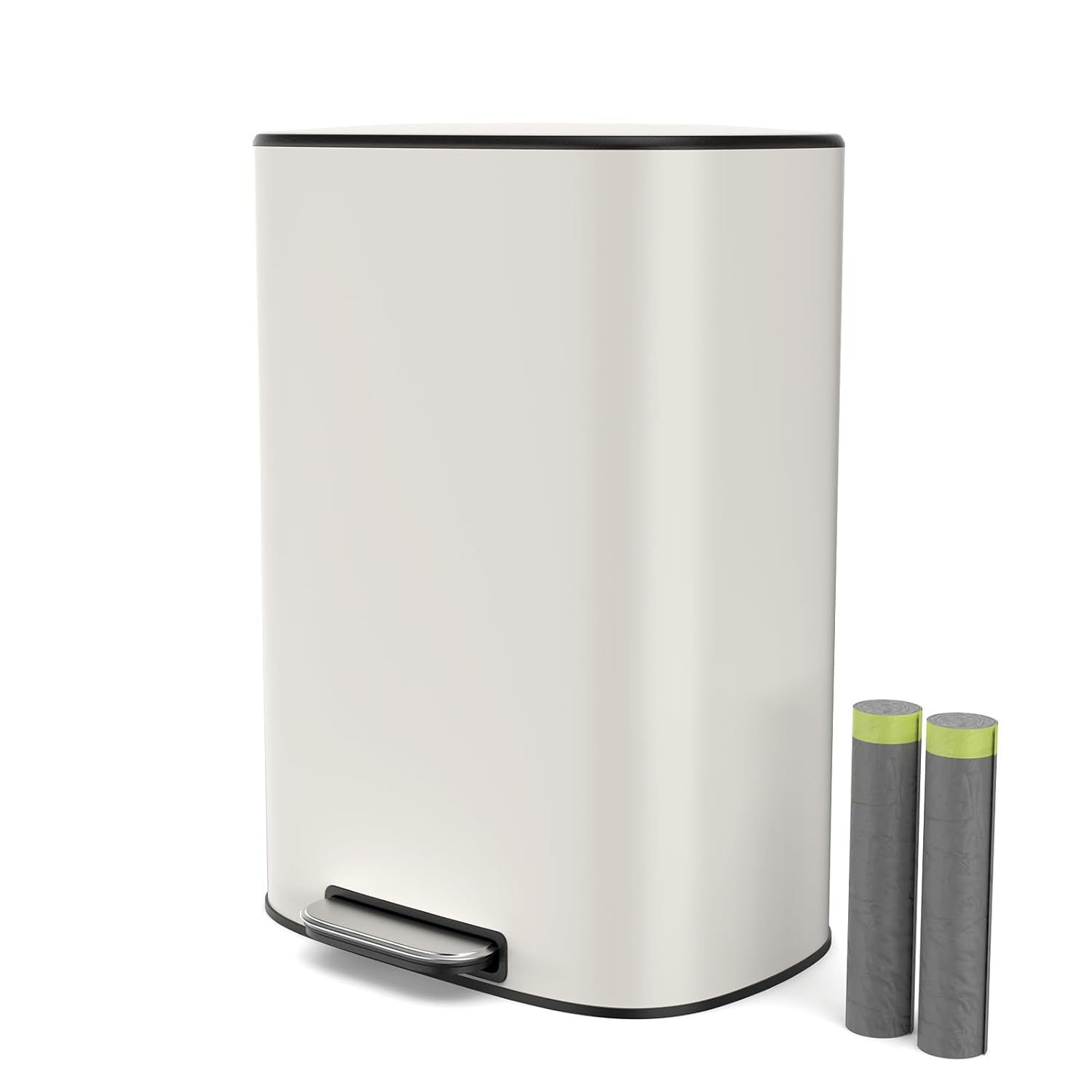 13 Gallon Stainless Steel Kitchen Trash Can, Metal Foot Pedal Trash Can with Lid Quiet Close, Oval Large Garbage Can with 30 Garbage Bags for Bathroom, Commercial, Home, Office - White