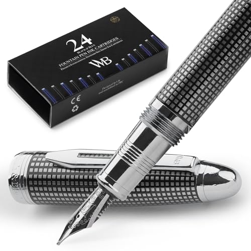 Wordsworth & Black Majesti Fountain Pen-(Black Checked), Luxury Case, Stainless Steel; Medium Nib- Ink Cartridges, Refillable Ink Converter-Calligraphy Pen-Best Business Gift Set for Men & Women