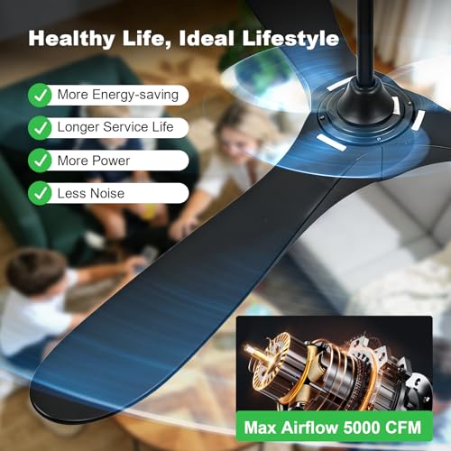 Image of 52 Inch Ceiling Fans with Lights and Remote, Wood Outdoor Ceiling Fan with 6 Speed Noiseless DC Motor, Indoor Modern 3 Blade Propeller Ceiling Fan for Bedroom Living Room Gazebo Patio (Black)