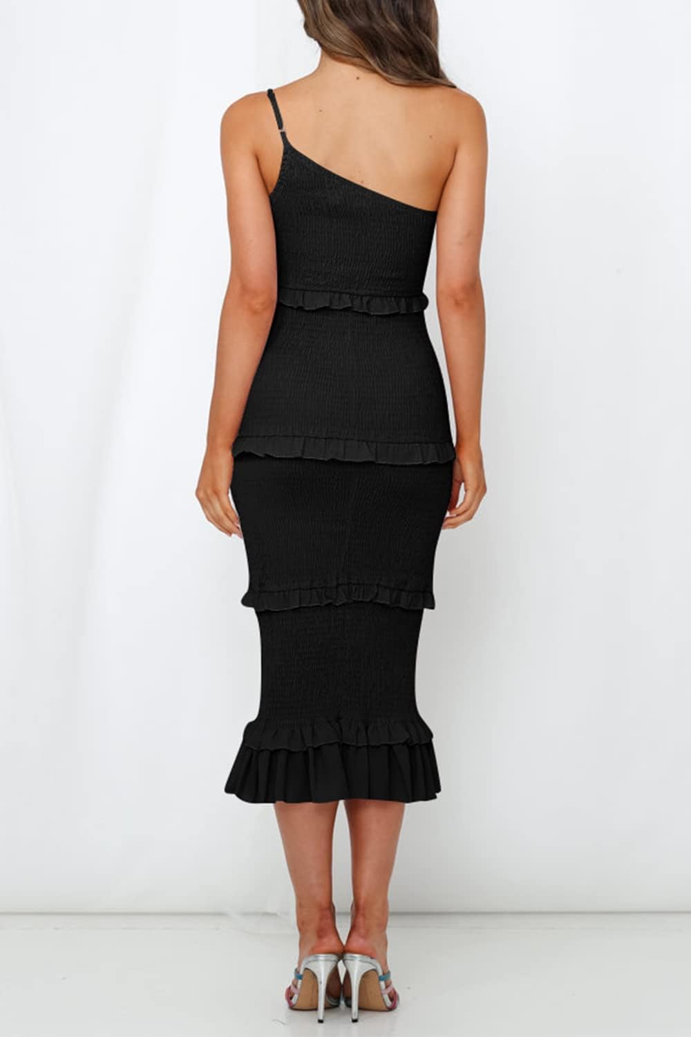 PRETTYGARDEN Women's Summer Midi Bodycon Dresses One Shoulder Strappy Tiered Ruffle Floral Boho Sun Dress - Image 5