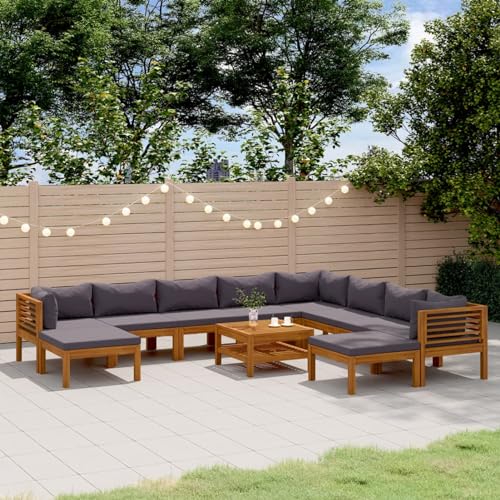 IKAYAA Lounge Set Holz, Ecklounge Outdoor, Gartenmöbel Set mit Kissen, Terrassenmöbel außen, Balkon Lounge Dunkelgrau, Loungemöbel Set für Balkon, Garten, 11-TLG