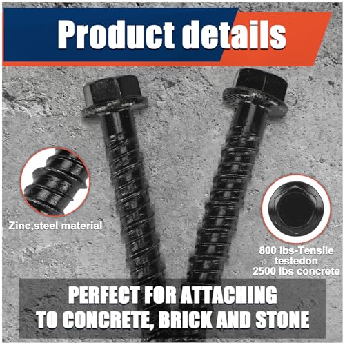Otoolling 40 Pack 1/2\" x 5\" Concrete Anchors and Screws Kits Galvanized Ceramic Black Ruspert Coating Large Diameter Concrete Bolts Masonry Screw for Brick Block Wall Corrosion Resistant