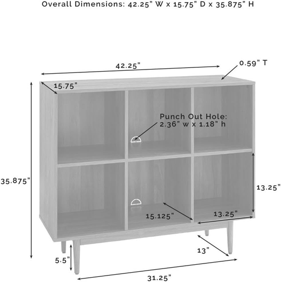 Bowery Hill 6-Cubby Cube Wood Record Storage Bookcase, Walnut Finish, 35.88"H x 42.25"W x 15.75"D, Mid-Century Modern Design with Tapered Legs, Cable Management, Home Office or Family Room Organizer