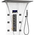AYIVG Matte Black Thermostatic Rainfall Full Body Shower System Temperature Display Shower Faucet Set With Pressure Balancing Diverter Valve And Ceiling Mount Dual Modes 16 * 24 Inch Shower Head
