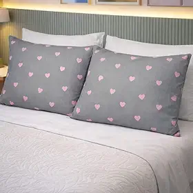 Kit 2 Fronhas Percal 180 Fios 100% Algodão Estampada Avulsa (Coração Rosa)