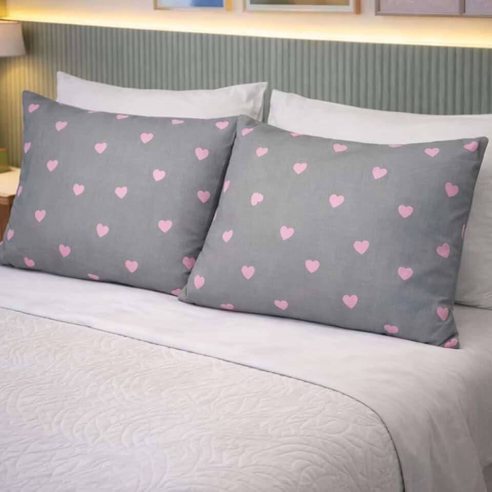 Kit 2 Fronhas Percal 180 Fios 100% Algodão Estampada Avulsa (Coração Rosa)