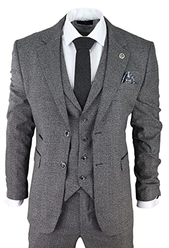Mens Classic 3 Piece Suit Prince of Wales Check Grey Tailored Fit Vintage Wedding - Image 5