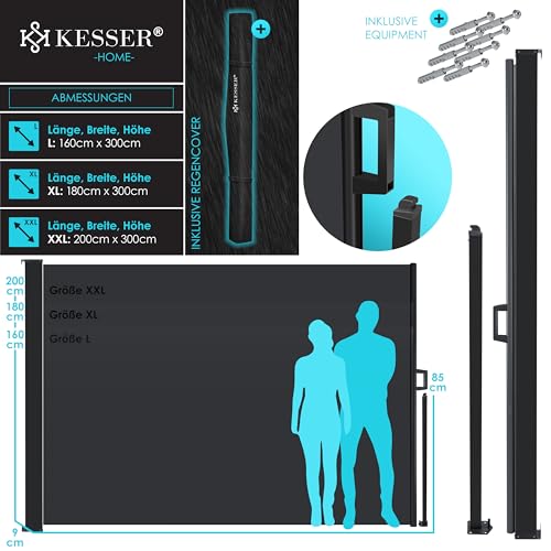 KESSER® Seitenmarkise ausziehbar Markise 180 x 300 cm Blickdicht Sichtschutz & Windschutz für Garten Balkon & Terrasse, Seitenrollo mit Wandhalterung, inkl. Wettercover & Montagezubehör, Dunkelgrau