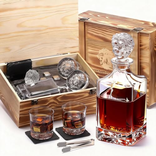 Lion Head Whiskey Decanter Set by Luskeycor – Whiskey Gift Set - 24oz 750 ml with Glasses，Whiskey Stones, Coasters and Tong – Whiskey Gifts for Men, Husband, Dad, Boyfriend，Christmas