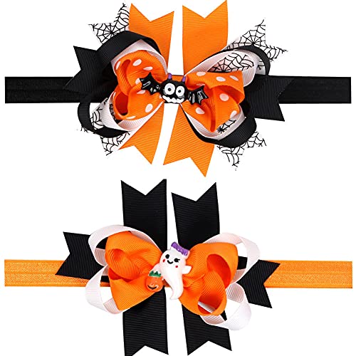 Looching pack of 2 Halloween Layered Pumpkin Bowknot Costume Hair Bow Headband for Baby Toddler Girls Newborn Infant