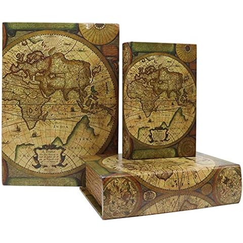 Jolitac Decorative Book Boxes World Map Pattern Antique Book Invisible box with Magnetic cover, Faux Wood Set of 3 Storage Set (Map) Cover