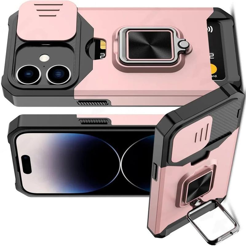 Image of LuxuryKase Shockproof Armor Case for iPhone 16 Plus | Slide Camera Cover | Hidden Card Slot | Rotating Ring Kickstand | Magnetic Car Mount Support | Military Grade Protection - Rose Gold